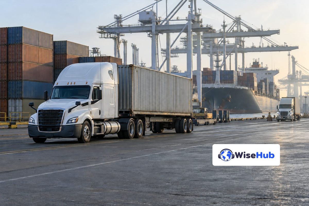 Caminhão de carga em terminal portuário americano, em ilustração fotorrealista com o logo oficial da WiseHub.