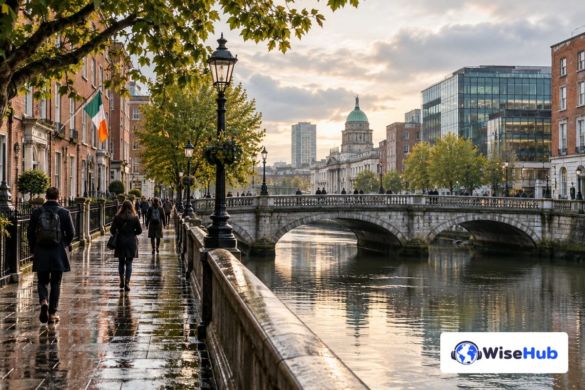 Rua ribeirinha de Dublin após chuva leve, com pedestres e logo oficial da WiseHub no canto inferior direito.