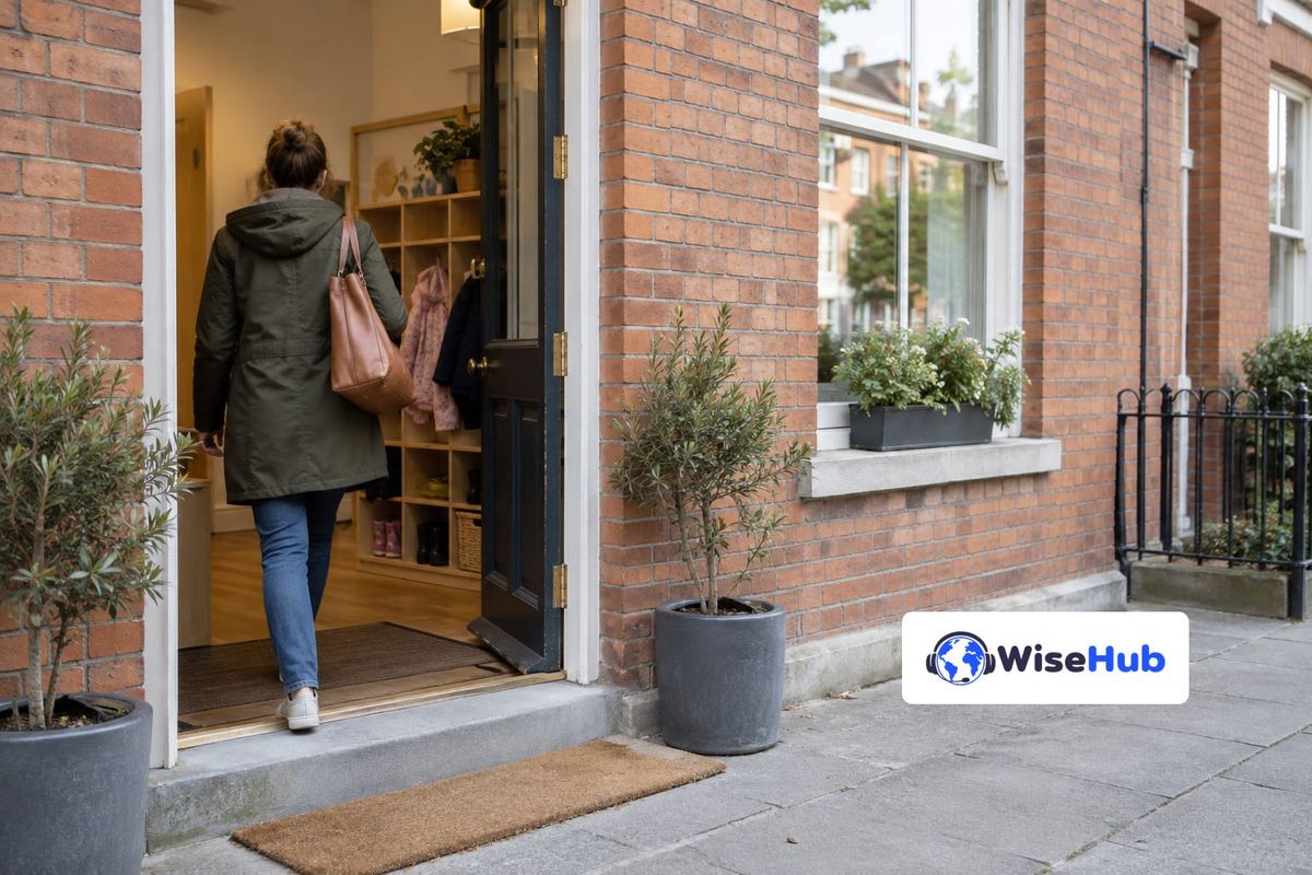Entrada de creche em rua residencial irlandesa, em ilustração fotorrealista com o logo oficial da WiseHub.