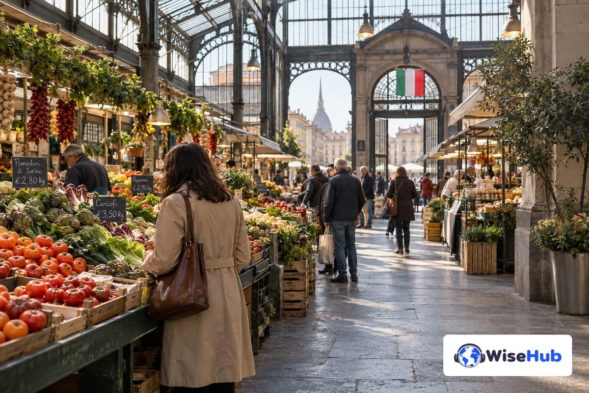 Mercado coberto italiano com bancas e compradores em cena ilustrativa; logo oficial da WiseHub no canto inferior direito.