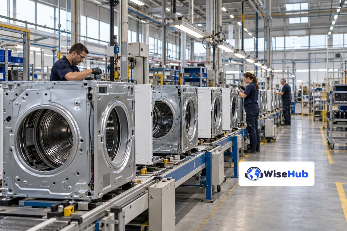 Linha de montagem de máquinas de lavar com trabalhadores em fábrica genérica, em ilustração fotorrealista com o logo oficial da WiseHub.