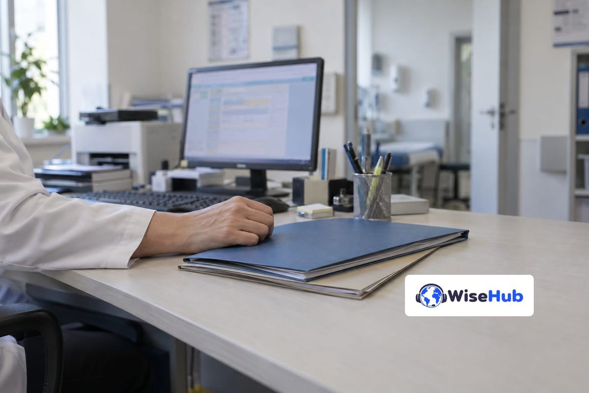 Mesa de atendimento de saúde com computador e documentos, em ilustração fotorrealista com o logo oficial da WiseHub.