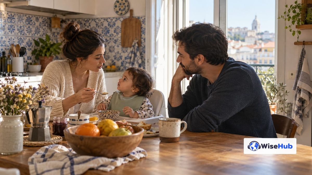 Imagem ilustrativa: família conversa à mesa de uma cozinha em Portugal; logo oficial WiseHub.