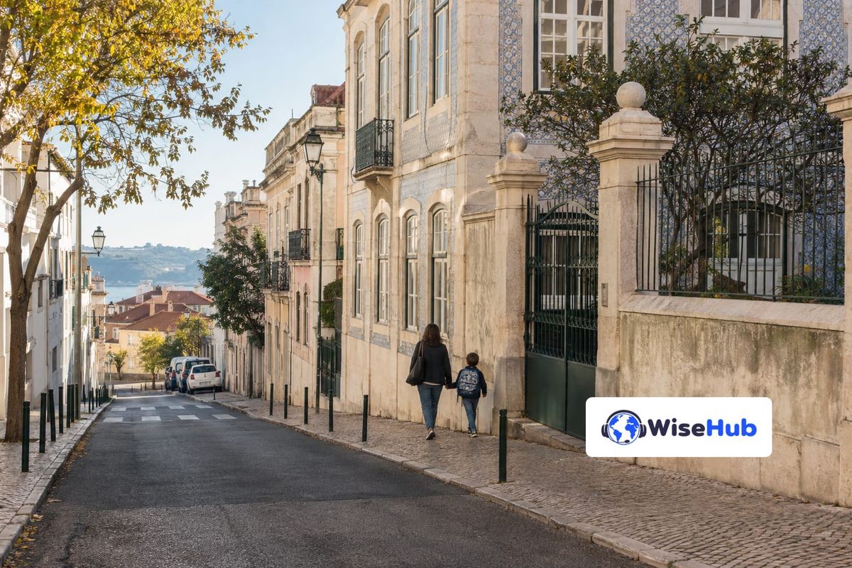 Rua portuguesa junto a uma escola, em ilustração fotorrealista com o logo oficial da WiseHub.