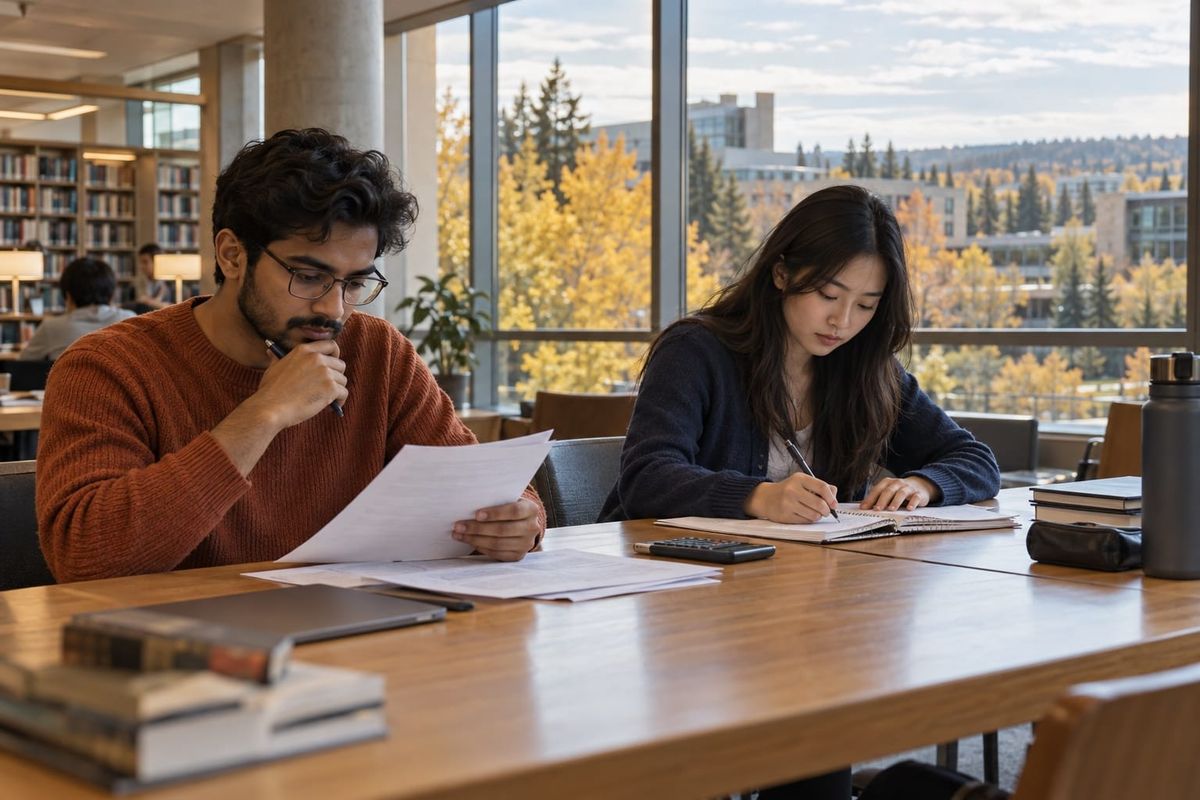 Dois estudantes adultos revisam papéis e anotações em uma biblioteca universitária, diante de janelas com árvores de outono, em cena ilustrativa.