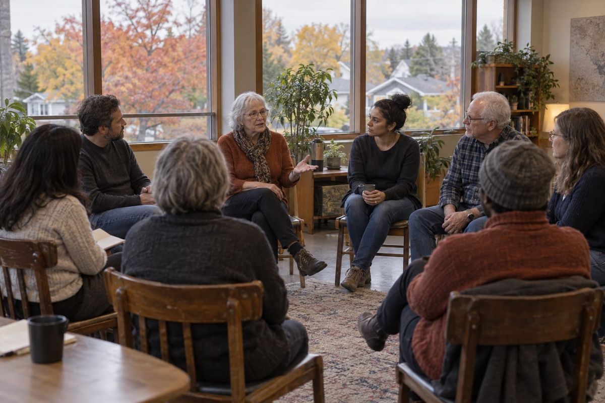 Adultos de diferentes idades conversam em uma roda de cadeiras numa sala comunitária com árvores de outono à janela, em cena ilustrativa.