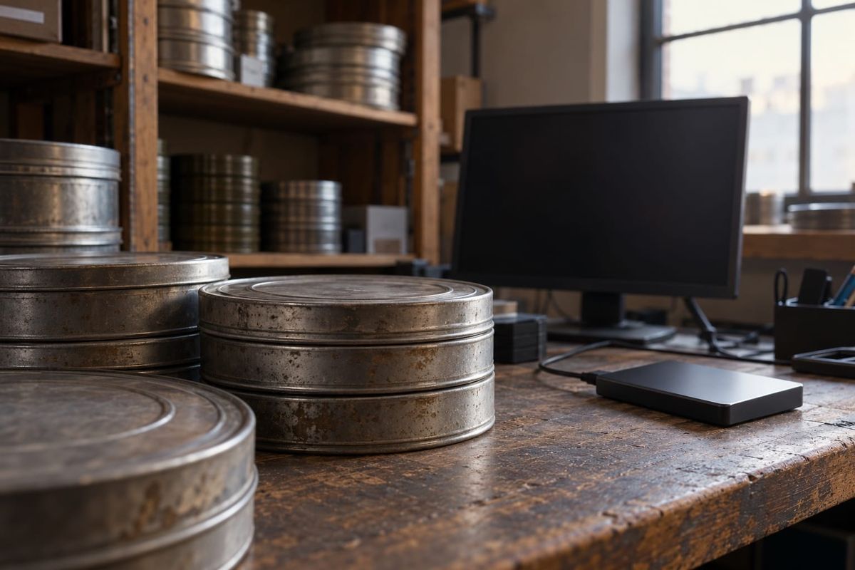 Latas de filmes e um disco rígido externo sobre bancada de madeira, com monitor apagado ao fundo, em cena ilustrativa de distribuição audiovisual.