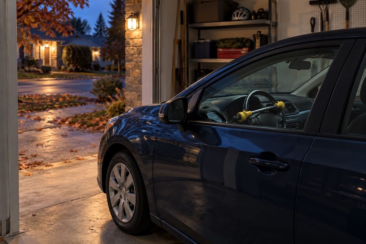 Carro azul estacionado numa garagem residencial ao anoitecer, com trava visível no volante e folhas de outono do lado de fora, em cena ilustrativa.
