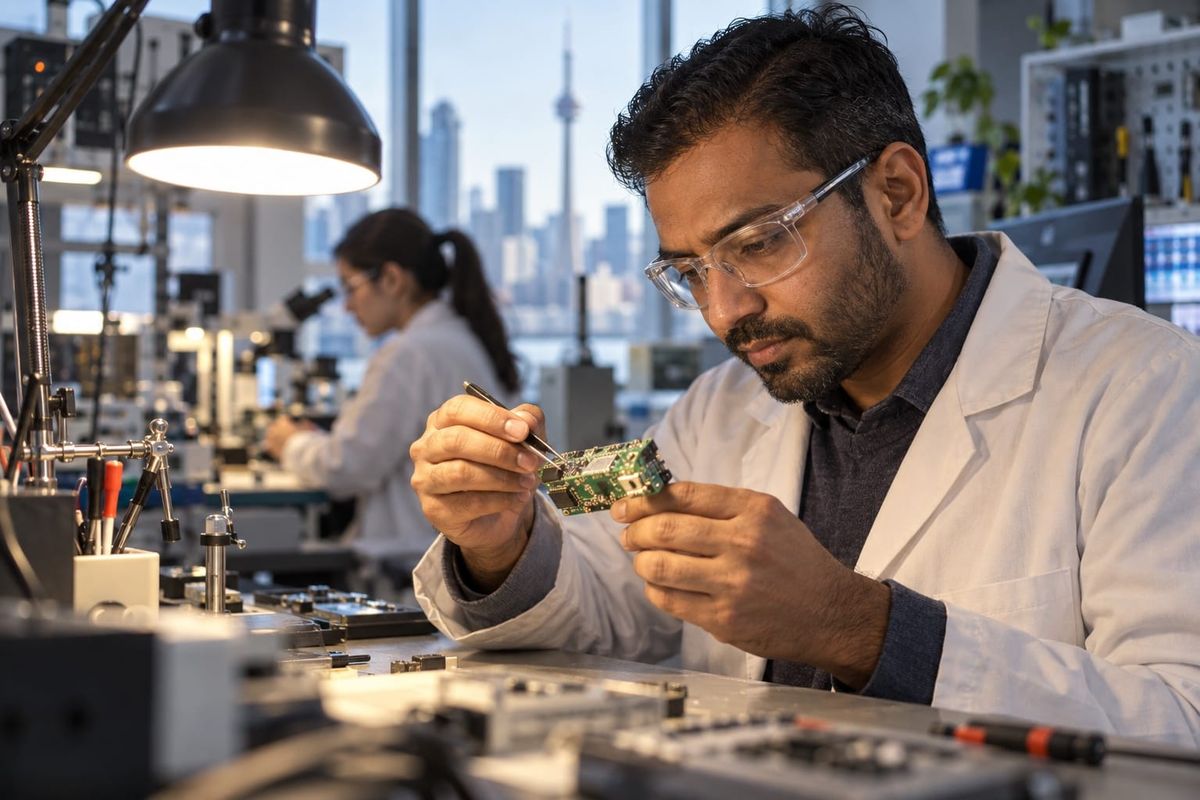 Engenheiro com óculos de proteção examina uma placa eletrônica sob uma luminária de bancada, com colega ao fundo, em laboratório ilustrativo.