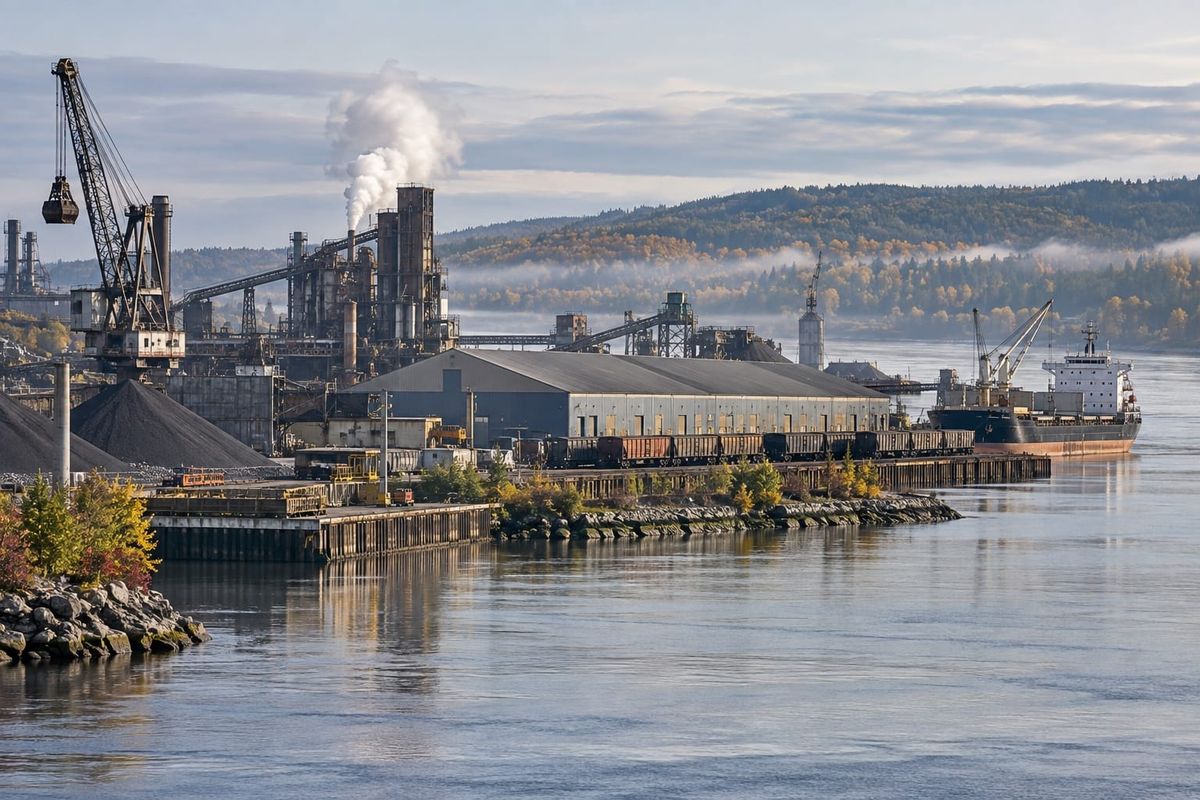 Instalações industriais, galpões e guindastes ao lado de um rio, sob luz fria de início da manhã no Canadá.