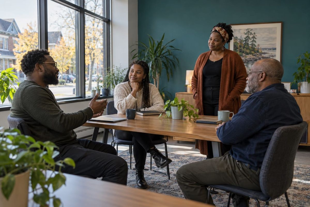 Quatro adultos negros conversam em torno de uma mesa em uma sala comunitária, em cena ilustrativa de planejamento de projetos.