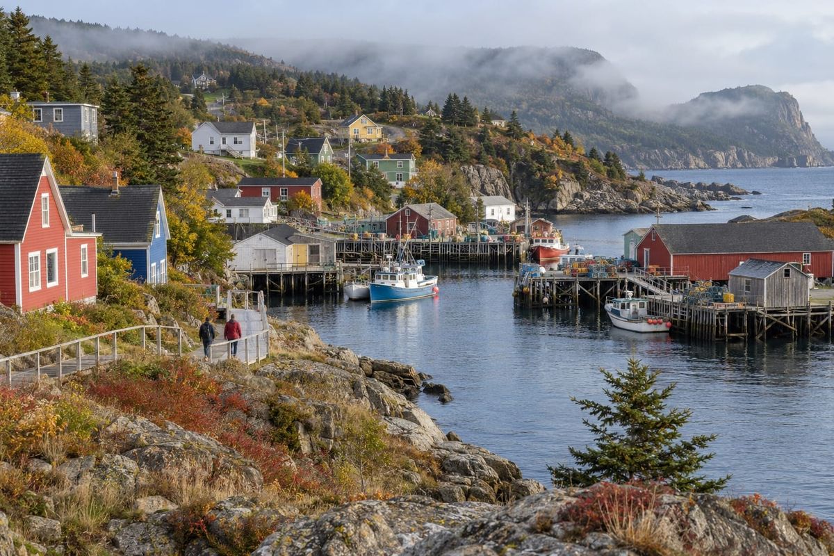 Casas coloridas e pequenos barcos em um porto costeiro de inspiração em Terra Nova, com moradores caminhando à beira da água, em cena ilustrativa.