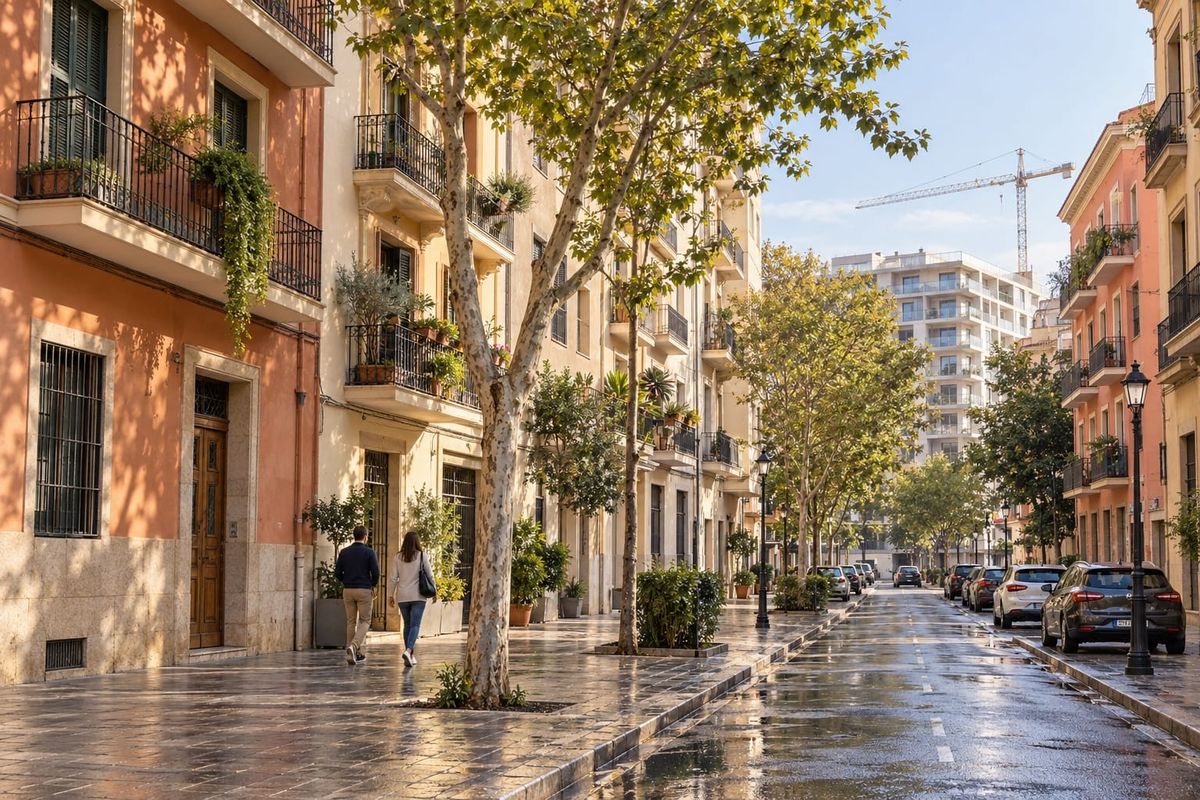 Rua residencial com prédios de apartamentos, varandas, árvores e um guindaste ao fundo, em cena urbana ilustrativa da Espanha.