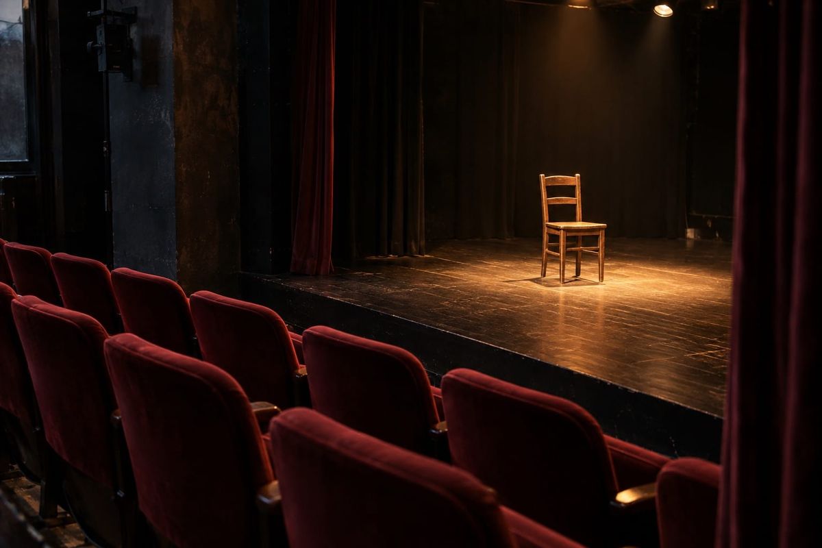 Plateia vazia diante de uma cadeira de madeira iluminada no palco de um teatro, em cena ilustrativa sobre artes cênicas.