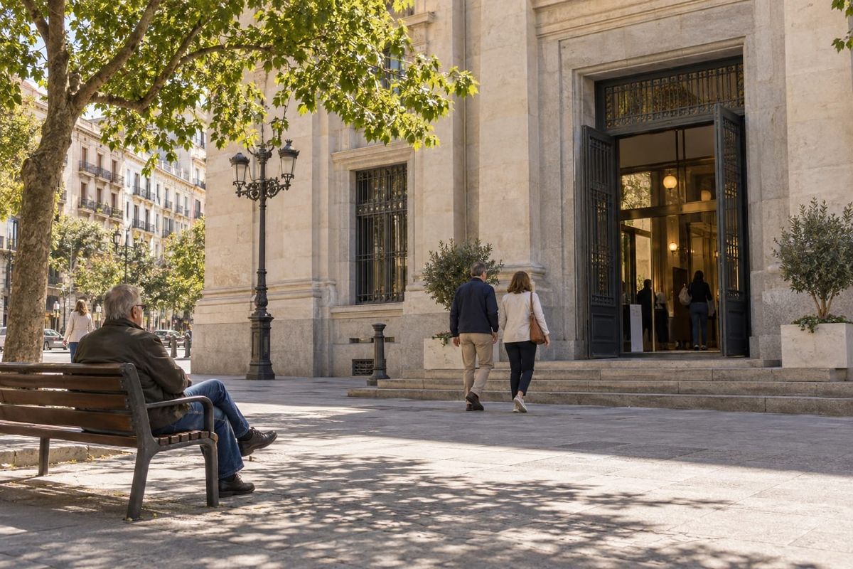 Pessoas se aproximam da entrada de um edifício público de pedra clara em uma rua espanhola arborizada.