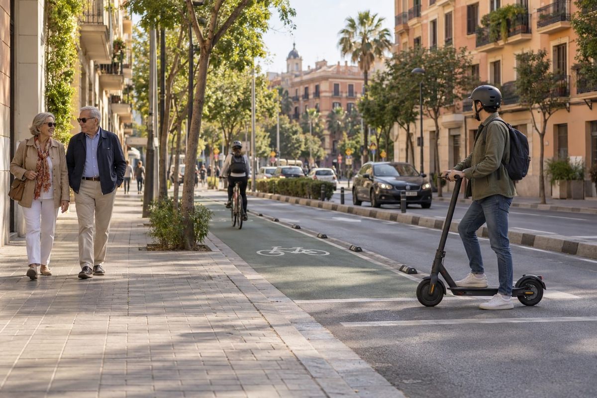 Cena ilustrativa de pedestres em uma calçada espanhola e um adulto de capacete parado com patinete ao lado de uma ciclovia.