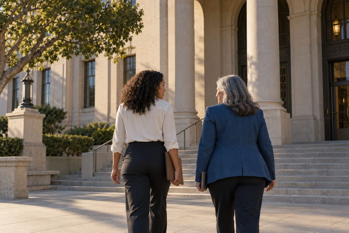 Duas mulheres caminham em direção à entrada de um tribunal de fachada clara, uma delas com uma pasta fechada, em cena ilustrativa.