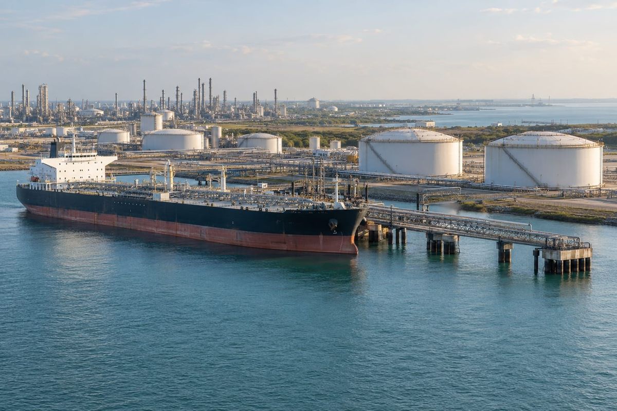 Navio de combustíveis junto a píer e tanques cilíndricos em terminal costeiro fictício, com água azul e instalações industriais ao fundo.