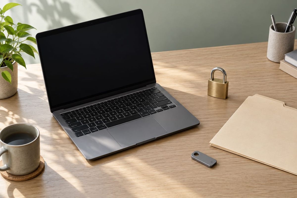 Notebook com tela escura, cadeado, chave de segurança e pastas sem identificação sobre mesa de madeira em cena ilustrativa.