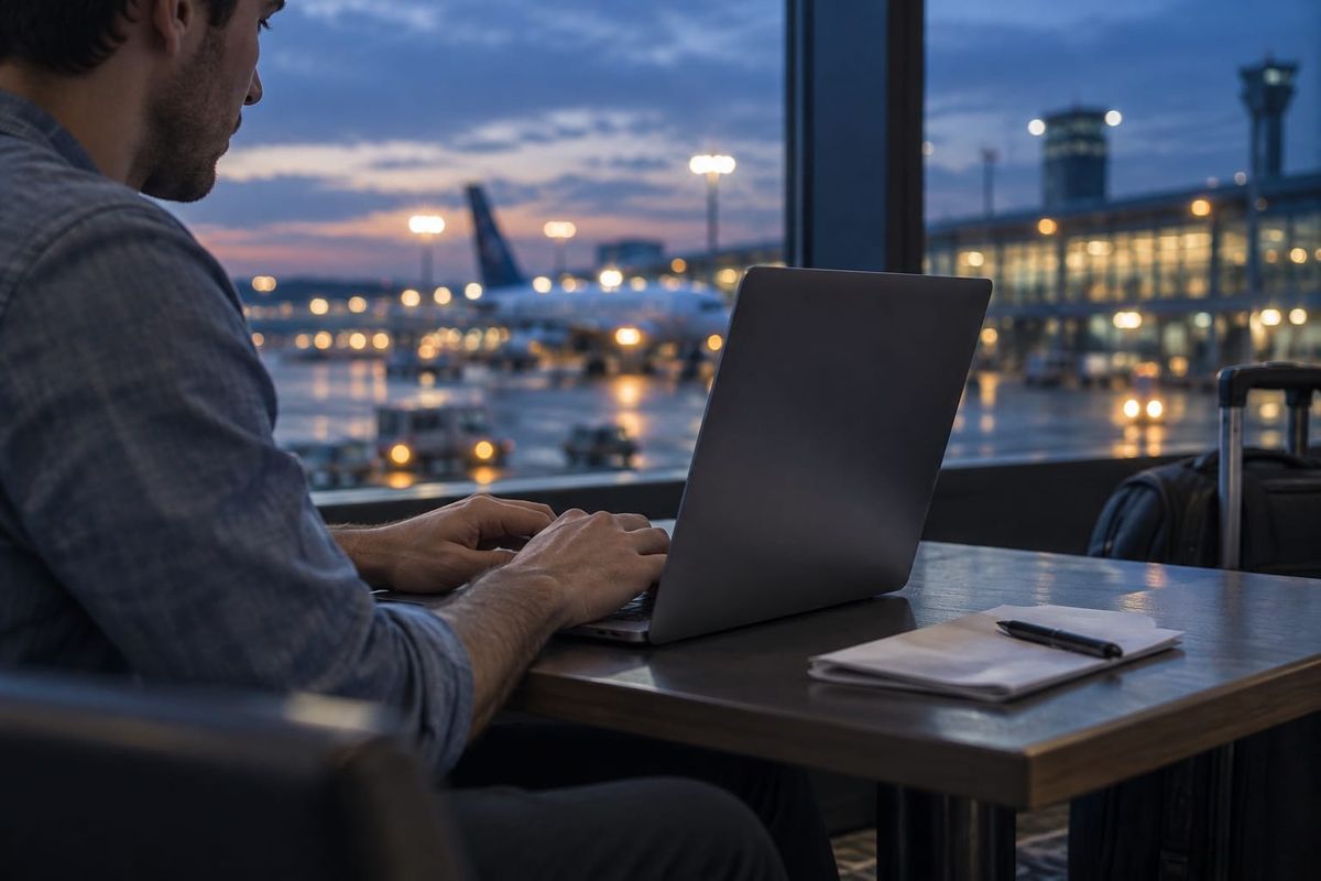Viajante fictício usa um notebook junto à janela de um aeroporto ao anoitecer, com luzes do terminal ao fundo.