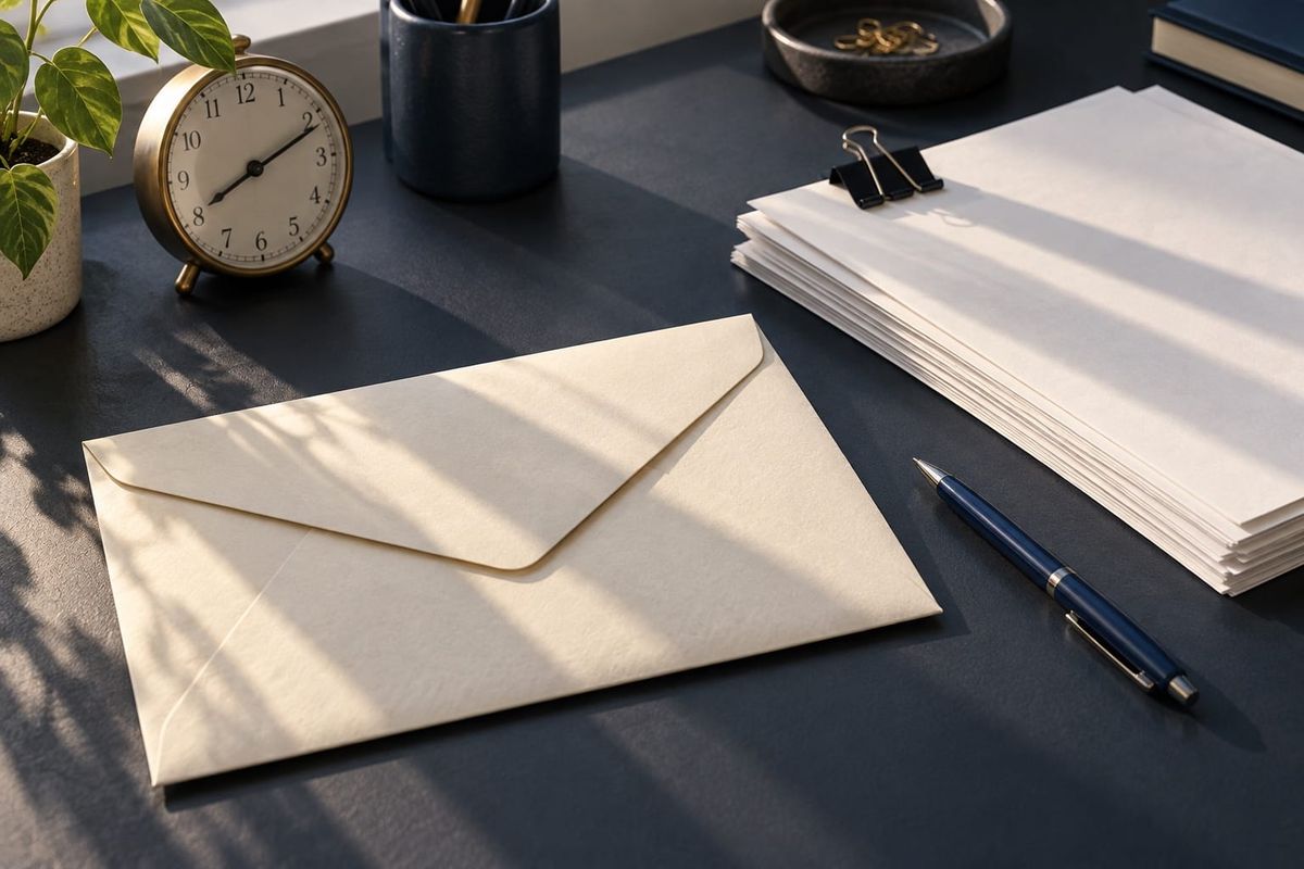Envelope de correspondência ao lado de relógio analógico, papéis organizados e caneta sobre mesa escura, em ilustração sobre prazos de envio.