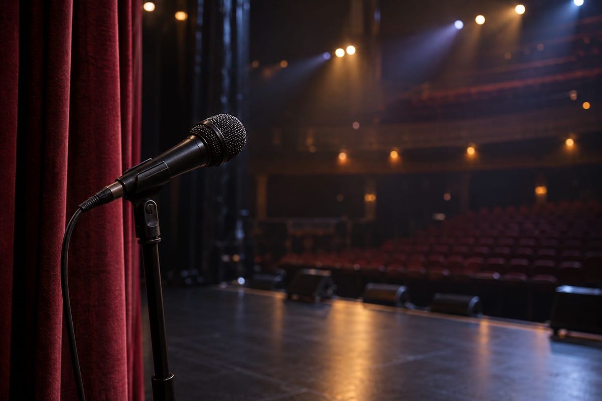 Microfone em suporte ao lado de cortina vinho, com palco e plateia vazios de um teatro fictício ao fundo.