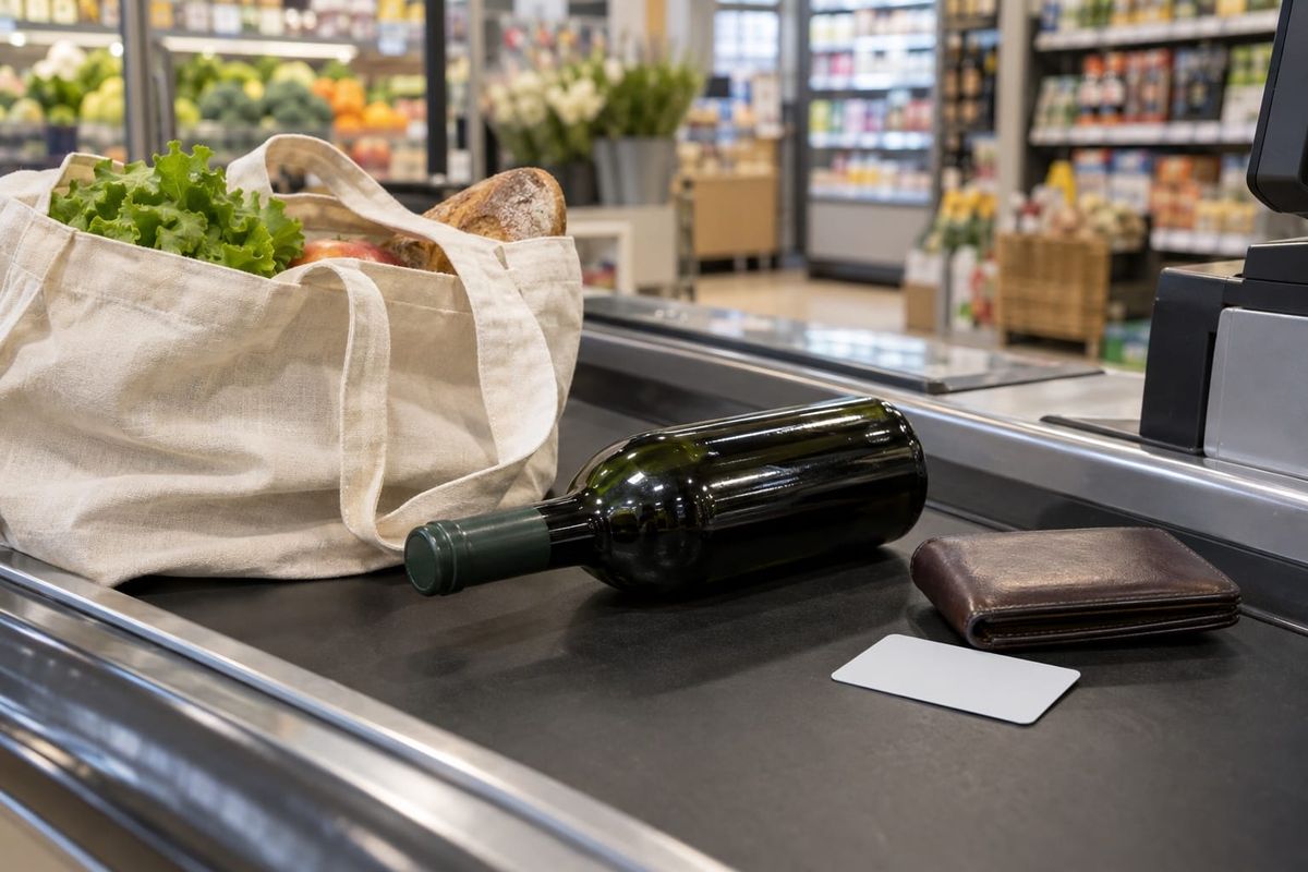 Garrafa sem rótulo, sacola de tecido e cartão sem identificação ao lado de uma carteira em caixa de supermercado fictício.