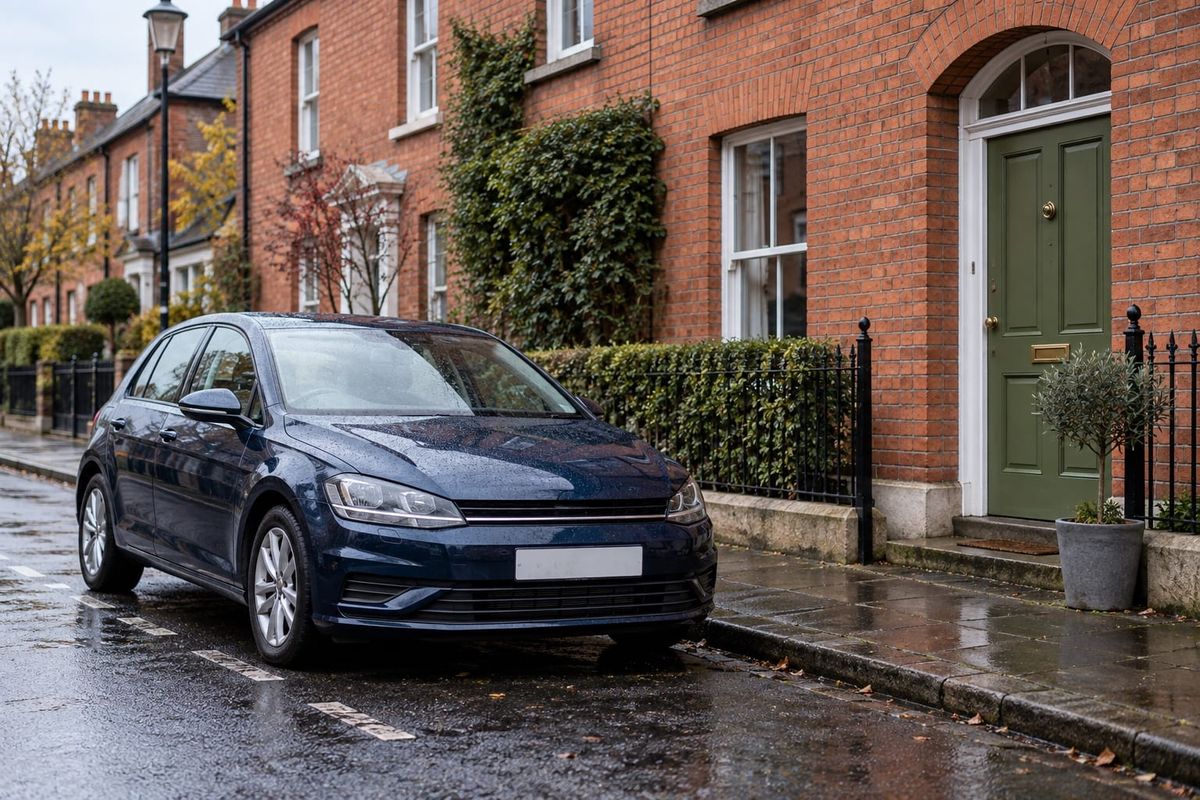Carro azul estacionado diante de casas de tijolos em uma rua de inspiração irlandesa após a chuva, em cena ilustrativa.