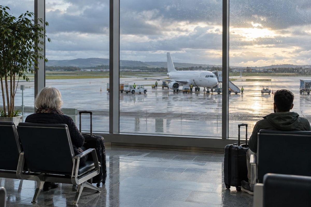 Dois passageiros com malas de mão aguardam diante de uma janela de aeroporto, com avião e pátio molhado ao fundo, em cena ilustrativa.