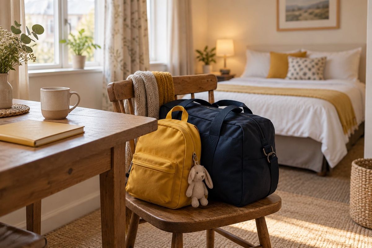 Mochila infantil amarela e bolsa de viagem azul sobre uma cadeira de madeira, em um quarto temporário fictício.