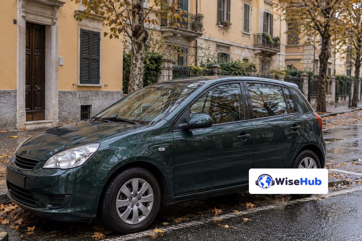Carro compacto verde-escuro em rua italiana molhada, em cena ilustrativa com o logo oficial da WiseHub.
