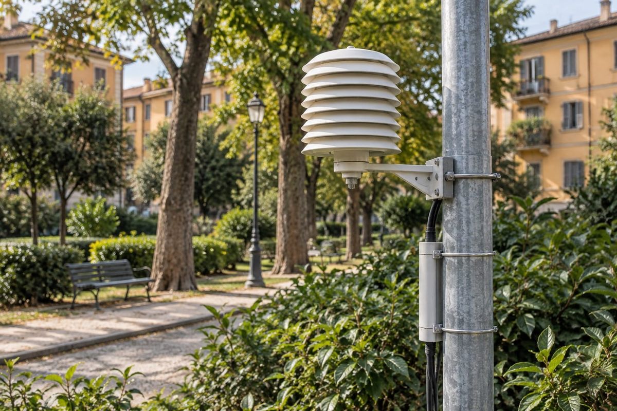 Sensor ambiental genérico com proteção branca preso a um poste metálico, em jardim urbano com árvores e edifícios ao fundo.