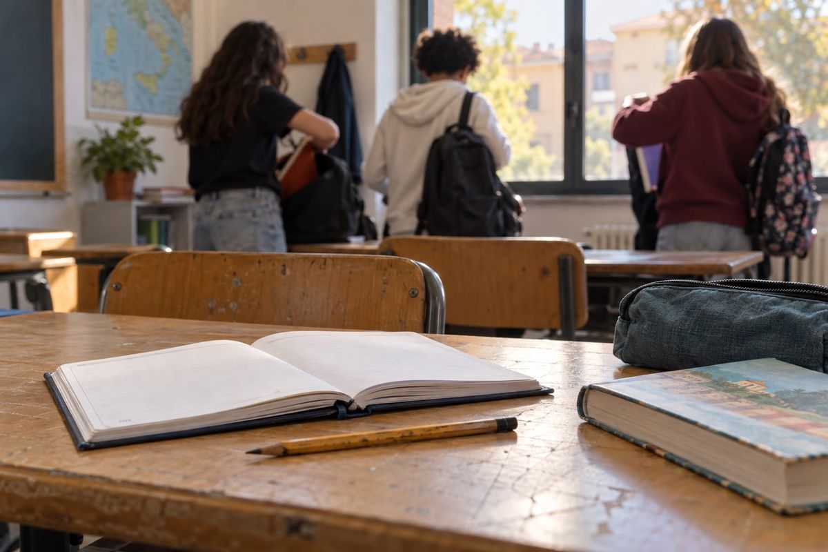 Agenda de papel aberta sobre uma carteira escolar, com estudantes de costas guardando seus materiais ao fundo, em cena ilustrativa.