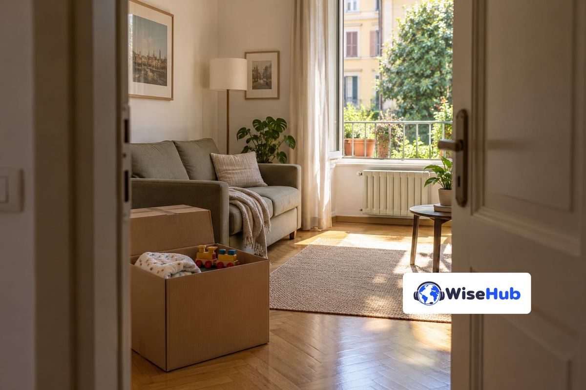Sala de apartamento com sofá e caixas de mudança, vista pela porta, em cena ilustrativa com o logo oficial da WiseHub.