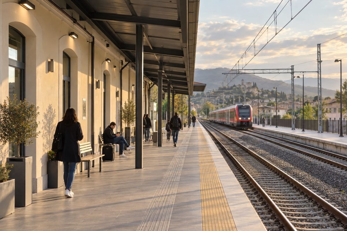 Passageiros em plataforma de uma estação ferroviária italiana fictícia, com trem regional ao fundo e luz de fim de tarde.