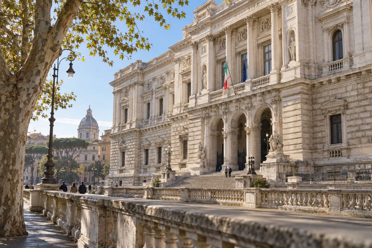 Fachada monumental de inspiração romana, árvores e pedestres distantes em uma cena arquitetônica ilustrativa.
