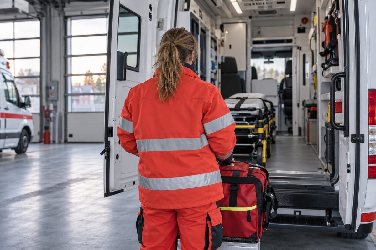 Profissional de emergência fictícia, vista de costas com uniforme vermelho e faixas refletivas, junto à traseira aberta de uma ambulância.