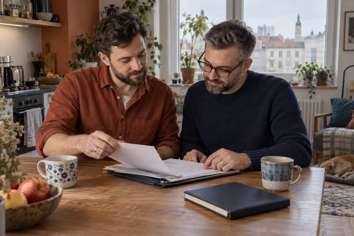 Dois homens com alianças organizam uma pasta à mesa de uma cozinha, em cena ilustrativa sobre documentos e direitos tributários de casais.