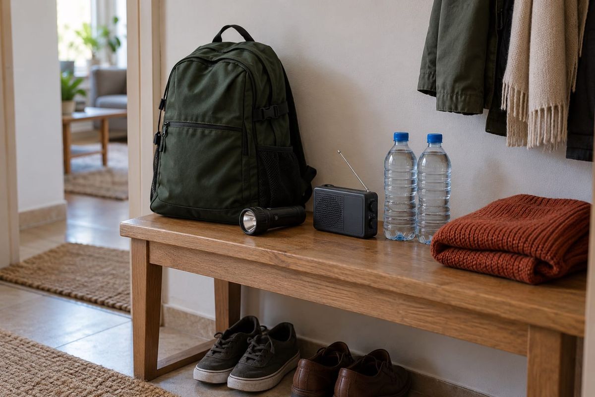 Mochila verde, rádio, lanterna, garrafas de água e roupa quente organizados sobre um banco no corredor de uma casa.