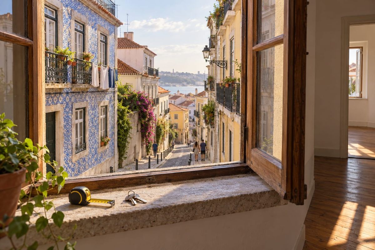 Janela aberta de um apartamento vazio mostra uma rua de fachadas com azulejos, com chaves e uma trena no parapeito, em cena habitacional ilustrativa.