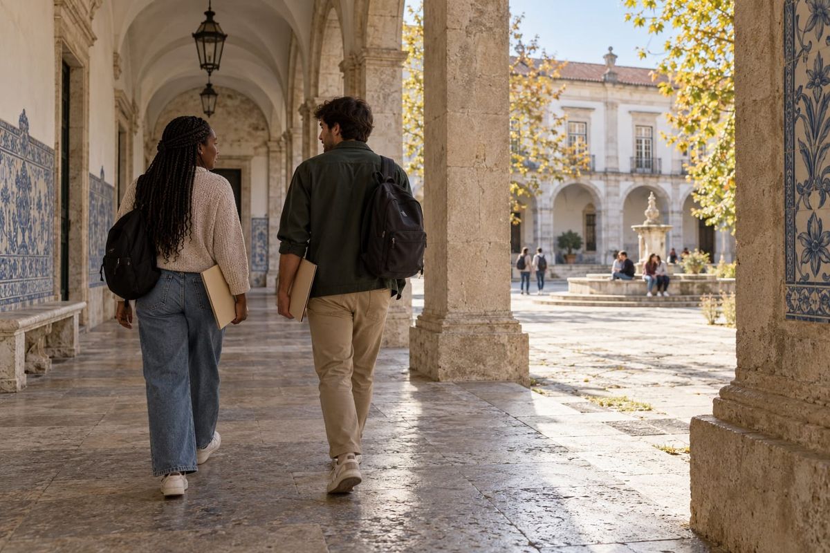 Dois estudantes adultos caminham com pastas por uma galeria de pedra com azulejos voltada para um pátio universitário, em cena ilustrativa portuguesa.