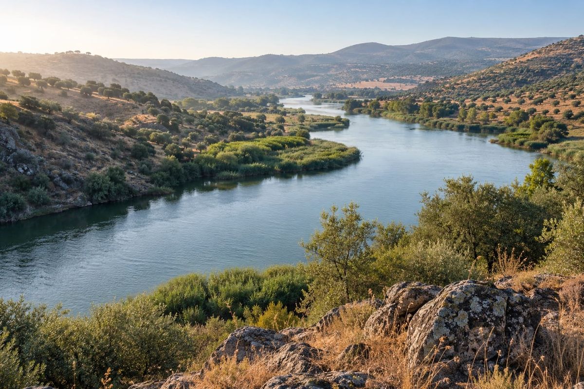 Rio entre colinas secas e vegetação ribeirinha no sul da Península Ibérica, em paisagem ilustrativa inspirada na região do Guadiana.