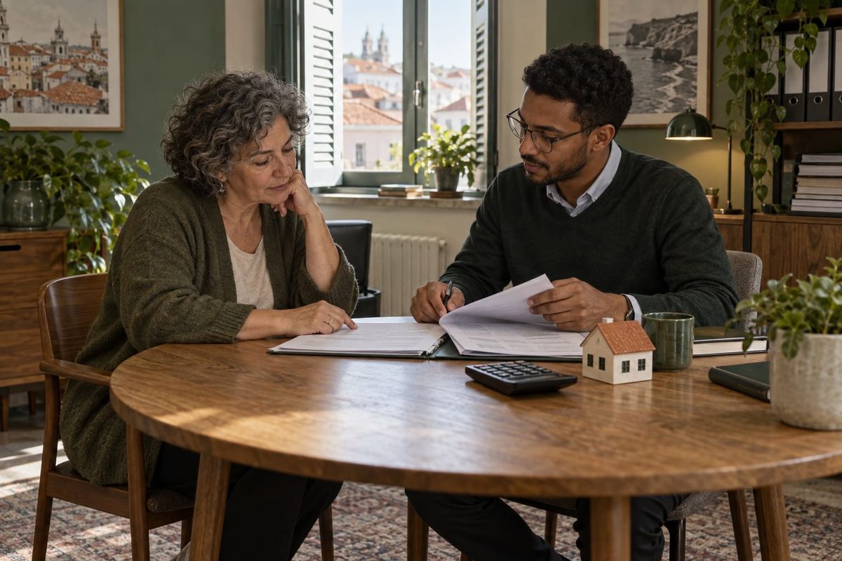 Mulher e contador examinam uma pasta em uma mesa com calculadora e pequena casa de cerâmica, em cena ilustrativa sobre tributação de imóveis.