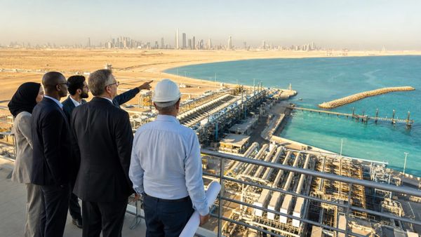 Especialistas observam usina de dessalinização entre o deserto e o mar em Abu Dhabi