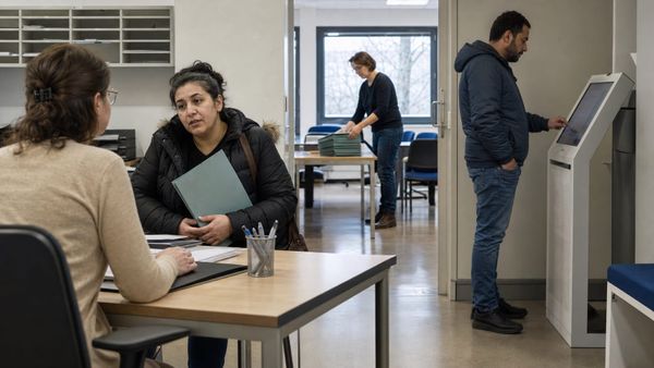 Imigrantes são atendidos em um centro de integração e serviços digitais na Alemanha