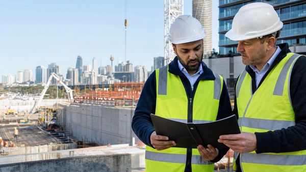 Engenheiro imigrante e gestor analisam um contrato em uma obra na Austrália