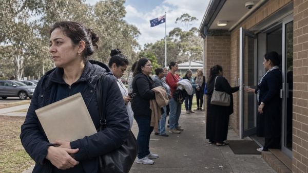 Mulher com uma pasta aguarda em fila diante de um centro comunitário australiano de apoio a migrantes