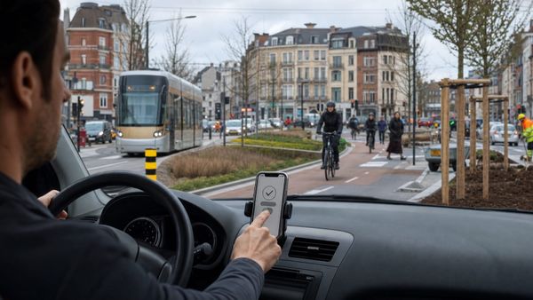 Motorista parado em Bruxelas usa um aplicativo de vinheta digital diante de avenida com bonde, ciclistas e novas árvores