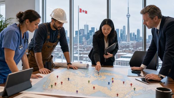 Profissionais analisam no mapa do Canadá vagas por região e setor