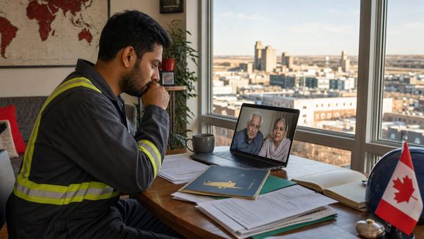 Trabalhador imigrante no Canadá conversa por vídeo com os pais enquanto analisa documentos migratórios